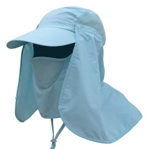 Light blue ladies UV protection cap with removable face and neck flaps.
