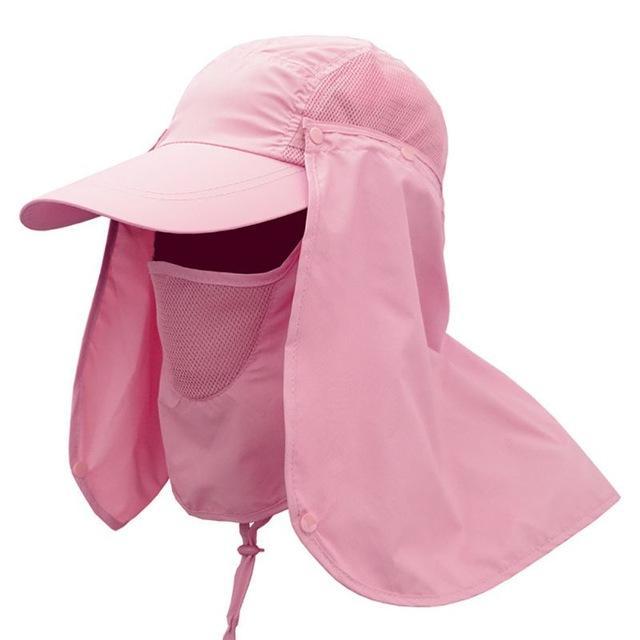 Pink UV protection hat for women with removable face and neck flaps. 