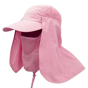 Pink UV protection hat for women with removable face and neck flaps. 