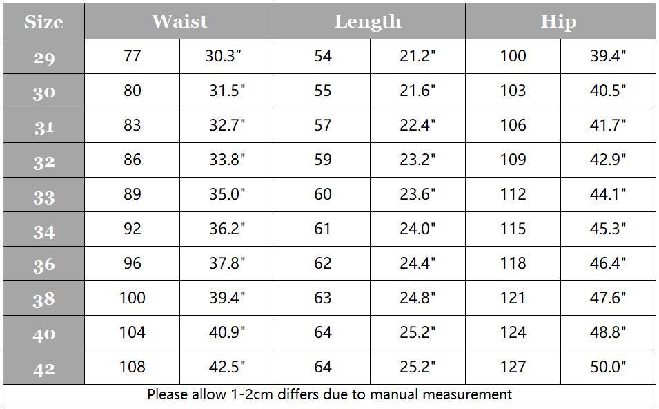 Batch 8 cargo shorts size chart.