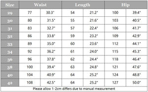 Batch 8 cargo shorts size chart.