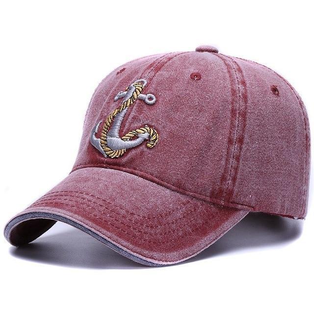 Bordeaux color baseball cap with embroidered anchor and rope design for sale at Guts Fishing Apparel. 