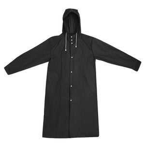 Full length raincoat in the colour black with hood.