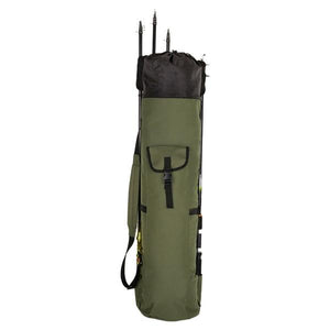 Fishing rod duffel bag with rod holders on the outside.