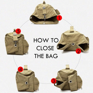 Illustrating how to close the hasp buckle on the canvas rucksack.  
