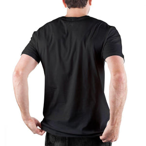 Male model wearing black t-shirt with his back turned.