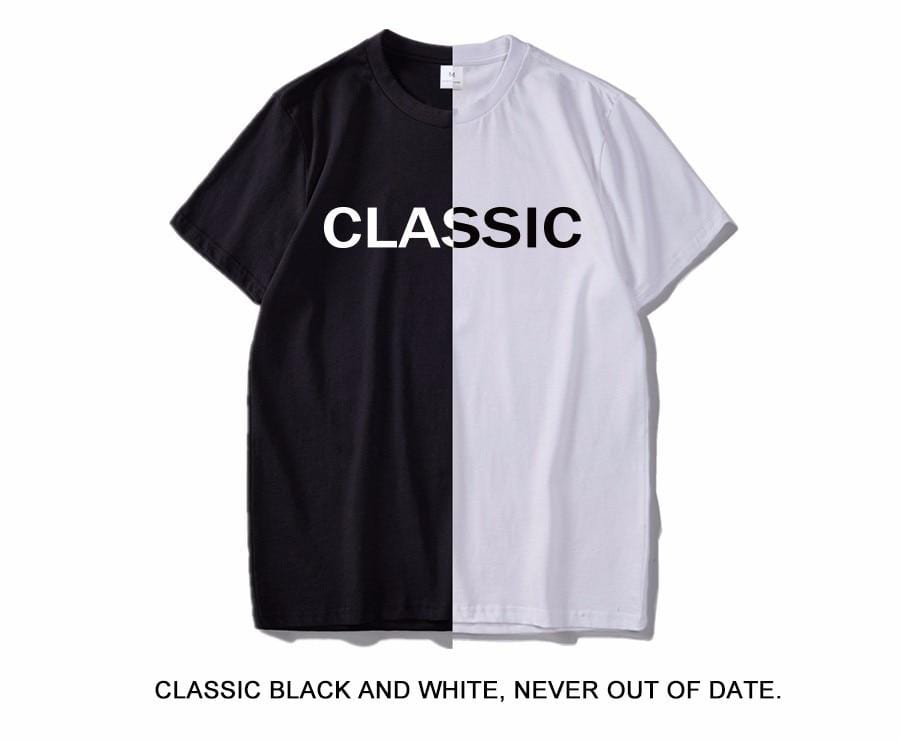 Men's classic black and white t-shirt.