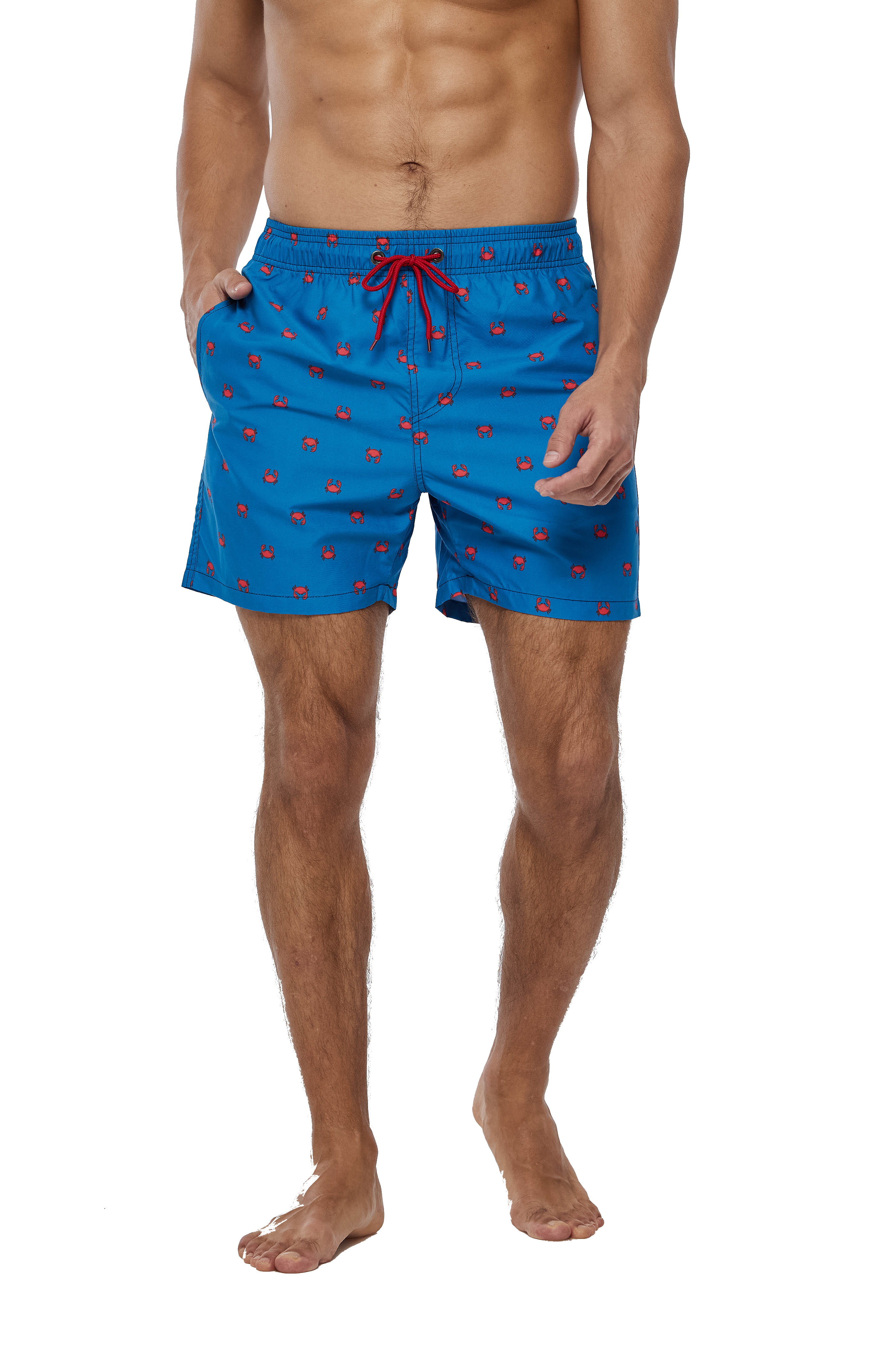 Man earing a pair of blue and red swimming shorts with hand in pocket. The drawstring is red.