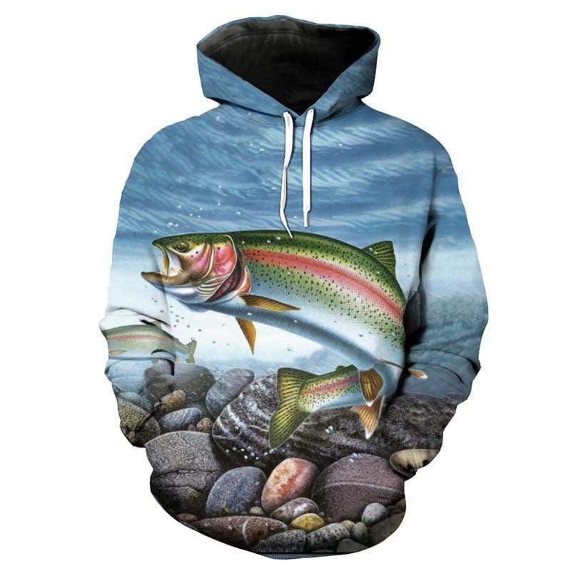 Colourful rainbow trout printed onto a hoodie.