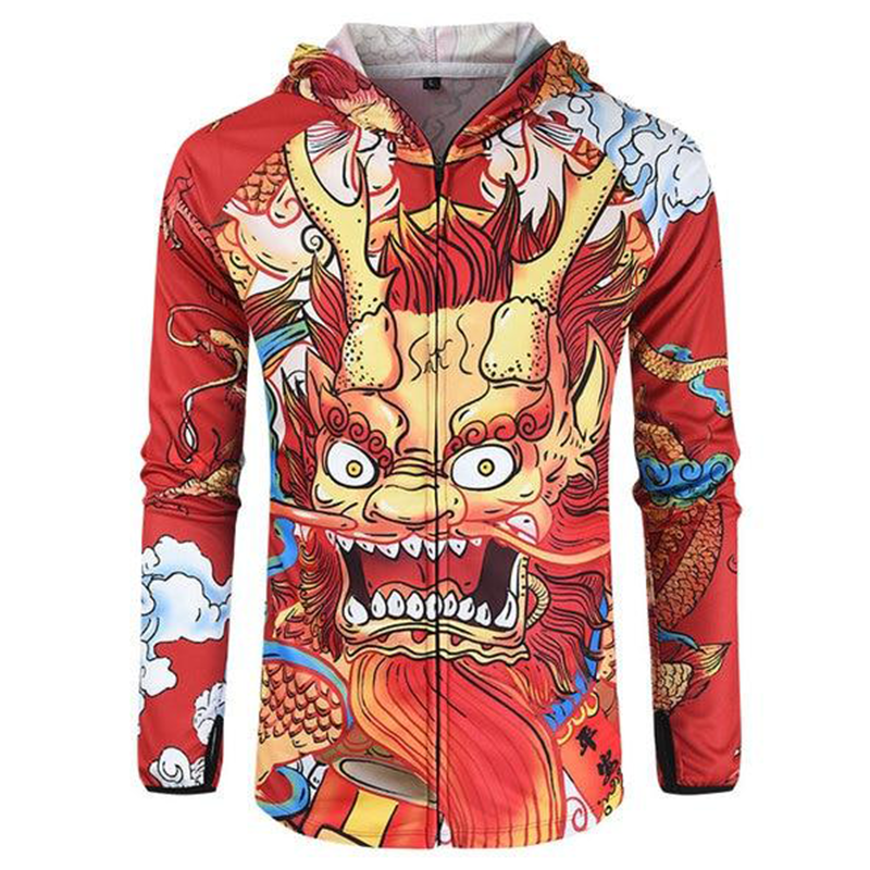 Red long sleeve fishing shirt with Chinese dragon design. 