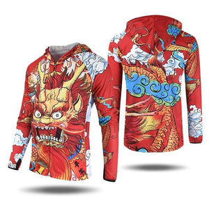 Red Chinese Dragon fishing shirt. Front and back view. Long sleeve. Men's sizes. Zip up front and zip pockets. 