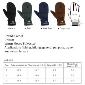 A selection of different coloured mittens and the size measurements.