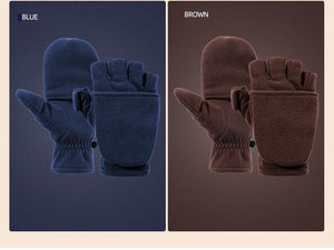 A pair of navy and brown mittens that have a flip top thumb and a removable finger section.