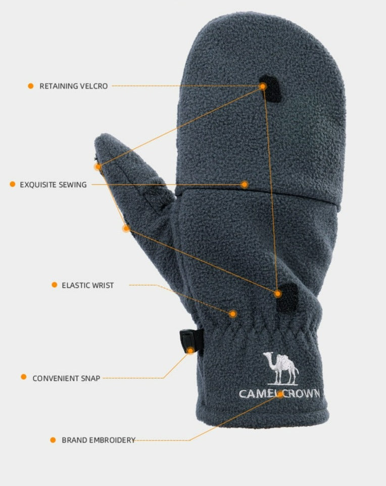 Grey Camel Crown mitten with various product features on display. 
