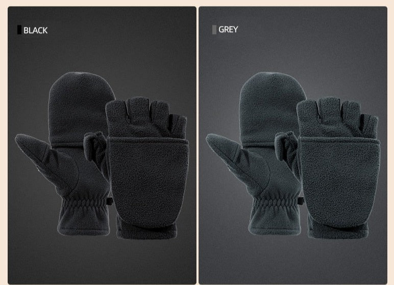 A pair of black and grey mittens that have a flip top thumb and a removable finger section.