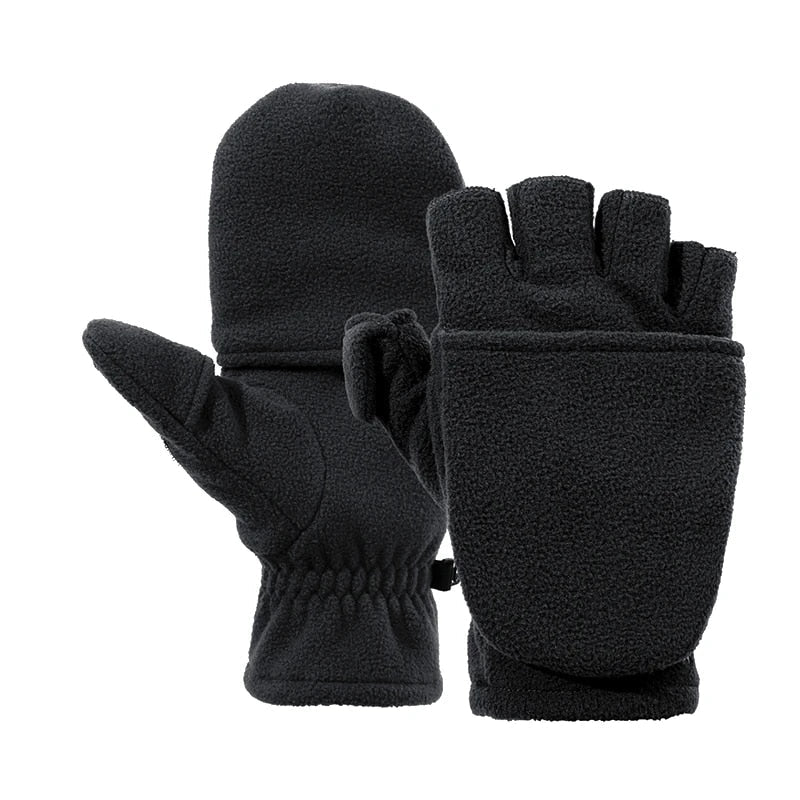 Warm black mittens with removable finger section.