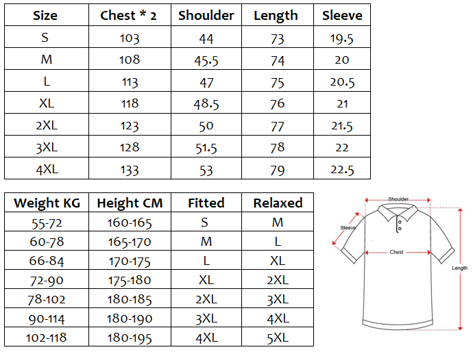 Size guide for men's Havana series shirts. 