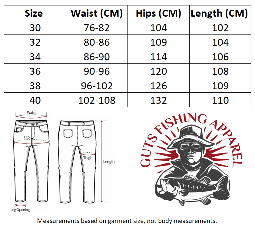 Size chart for men's khaki hiking pants.