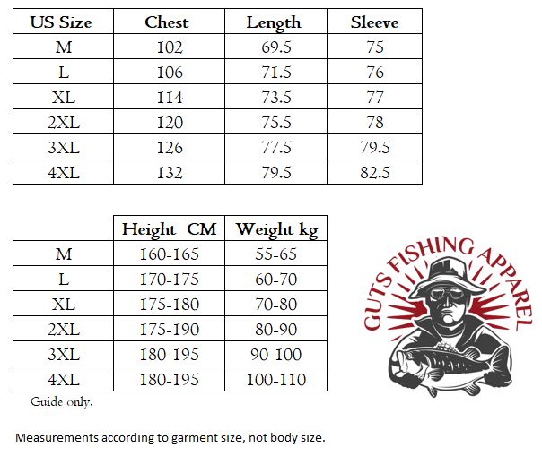 The measurements in a detailed table for a good fitting fishing shirt for men.