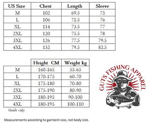 The measurements in a detailed table for a good fitting fishing shirt for men.