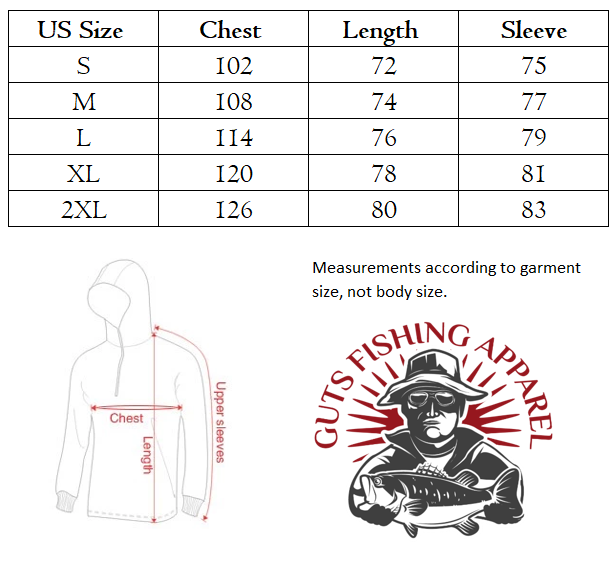 size chart for men's long sleeve sun protection shirt.