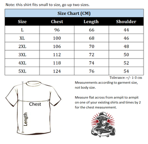A table showing the size measurement of the Mahi Mahi fishing t-shirt.