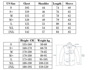 A table of measurements showing the size of the men's Zip Pocket Vented Shirts.
