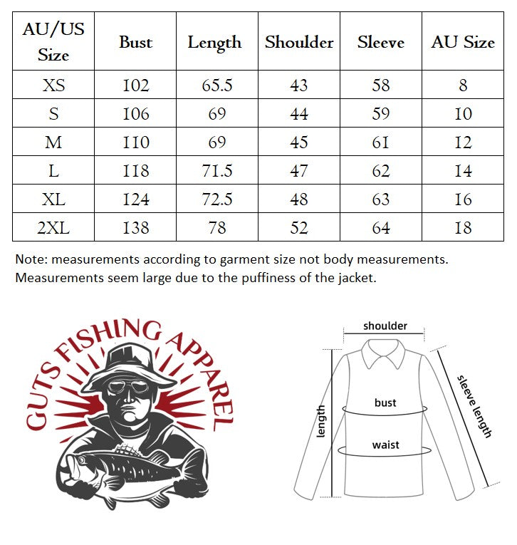 size measurements in a table for the women's waterproof jacket with fleece lining. 