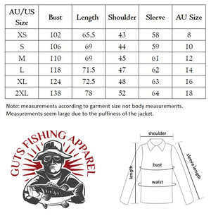 size measurements in a table for the women's waterproof jacket with fleece lining. 