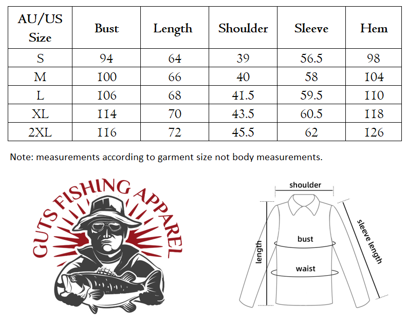 Size chart showing the garment measurements of the Women’s UPF 50+ Sun Protection Shirts. 