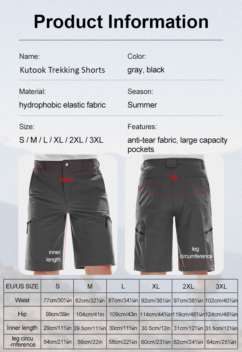 Kutook trekking shorts size chart and product information.