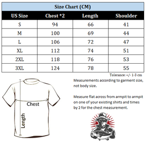 Size chart for the fishing makes me happy t-shirt.  Measurements are in centimetres.