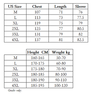 Size measurements for a large size fishing shirt.