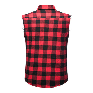 Men's red flannelette shirt with no sleeves and button pockets. 