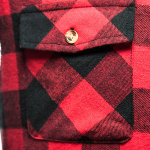 Button pocket on red flannelette shirt.