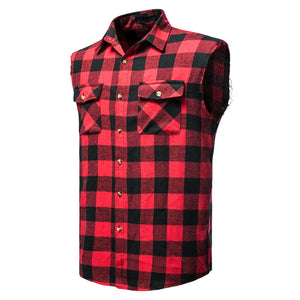Red flannelette shirt with no sleeves and button pockets. 