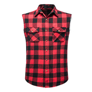 Men’s sleeveless flannelette shirt. Red plaid check shirt button up for men.  