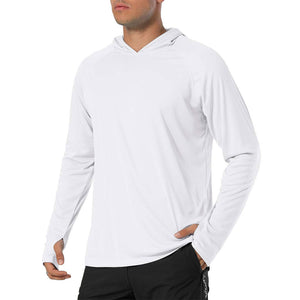 men's white long sleeve shirt. UPF 50+ sun protection. With hood. Thumb holes in sleeve cuffs.