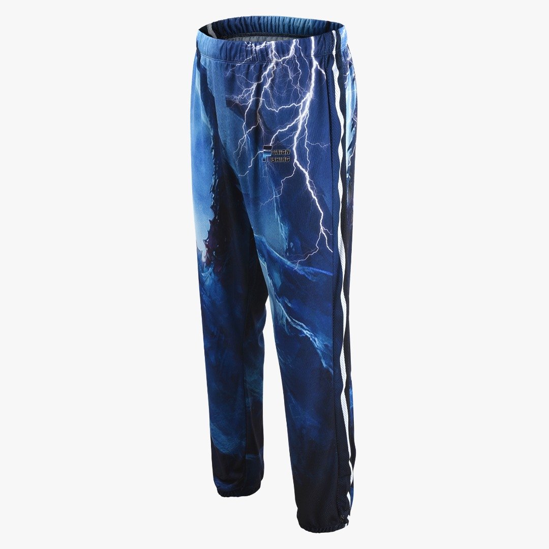 Long fishing pants with two pockets. Blue with lightening design. 