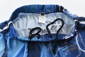 Blue full length fishing pants with drawstring.