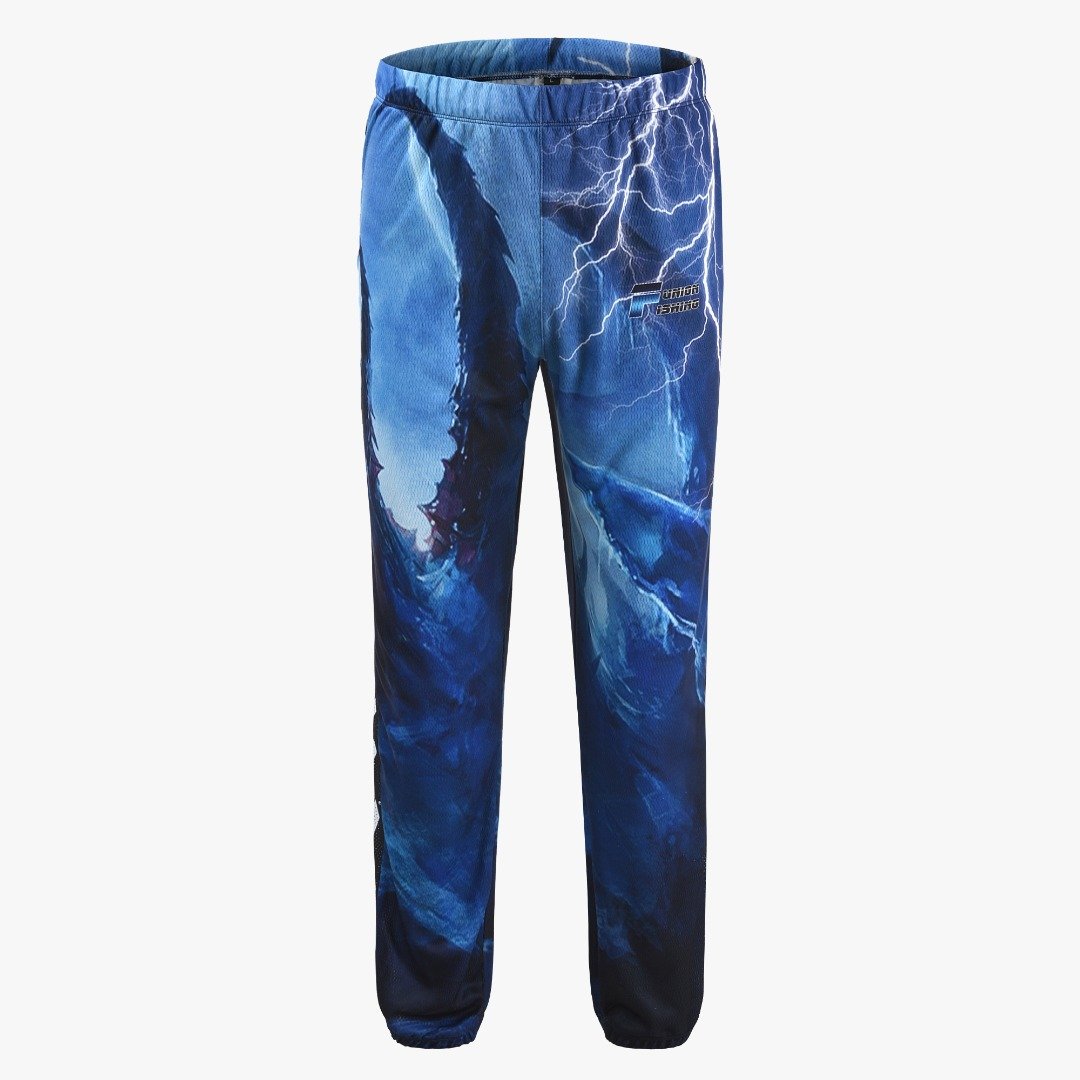 Long fishing pants. Blue with bolts of lightening. Two pockets.