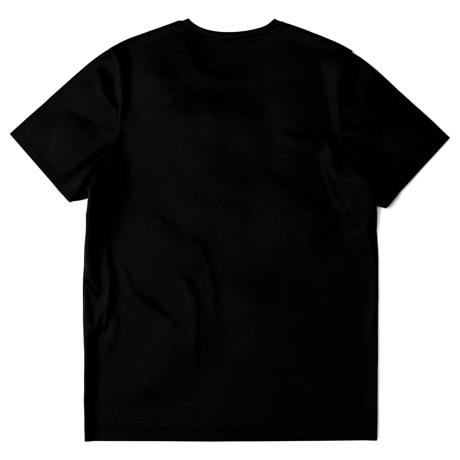 Back profile of a men's black t-shirt laid flat. 
