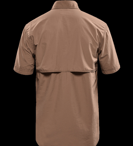 Fishing shirt with open back ventilation. Brown short sleeve shirt for men.