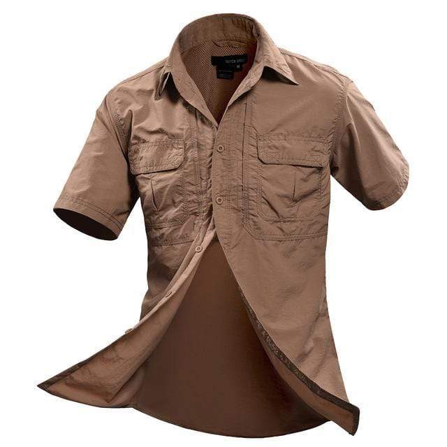 Brown short sleeve fishing shirt. Button up Nylon fabric.