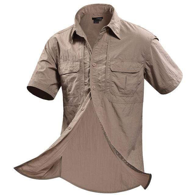 Buy khaki fishing shirt. Short sleeve, button up with collar. Fast drying Nylon fabric.