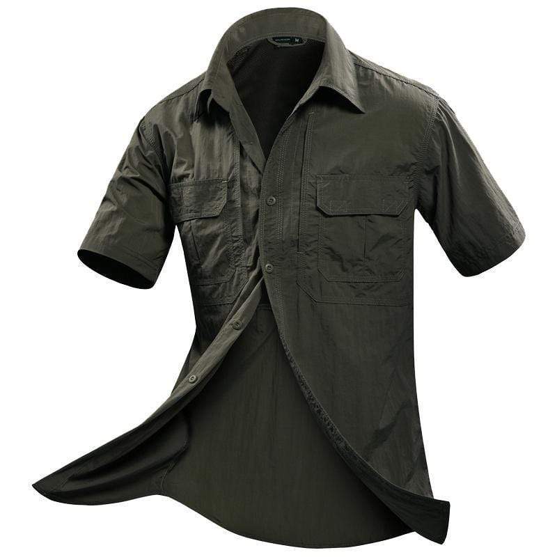 Buy men's army green fishing shirt. Short sleeve, button up with chest pockets. Made from quick drying Nylon fabric.