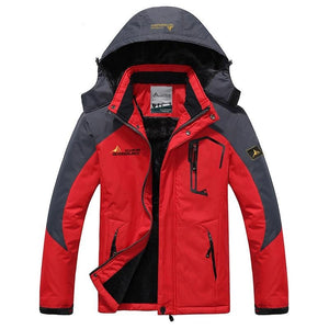 Men's red waterproof jacket with warm fleece lining. Windbreaker with hood and zip pockets. 