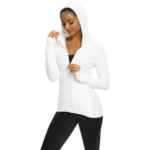 women's white zip up sun protection shirt with hood, long sleeves and zip pockets..