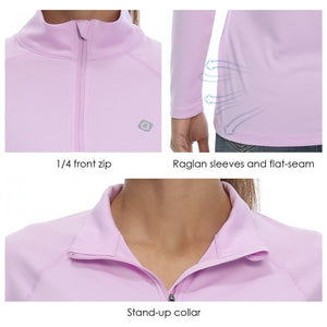 Women's sun protection shirt with raglan sleeves and a zip up collar. The shirt is light-purple.