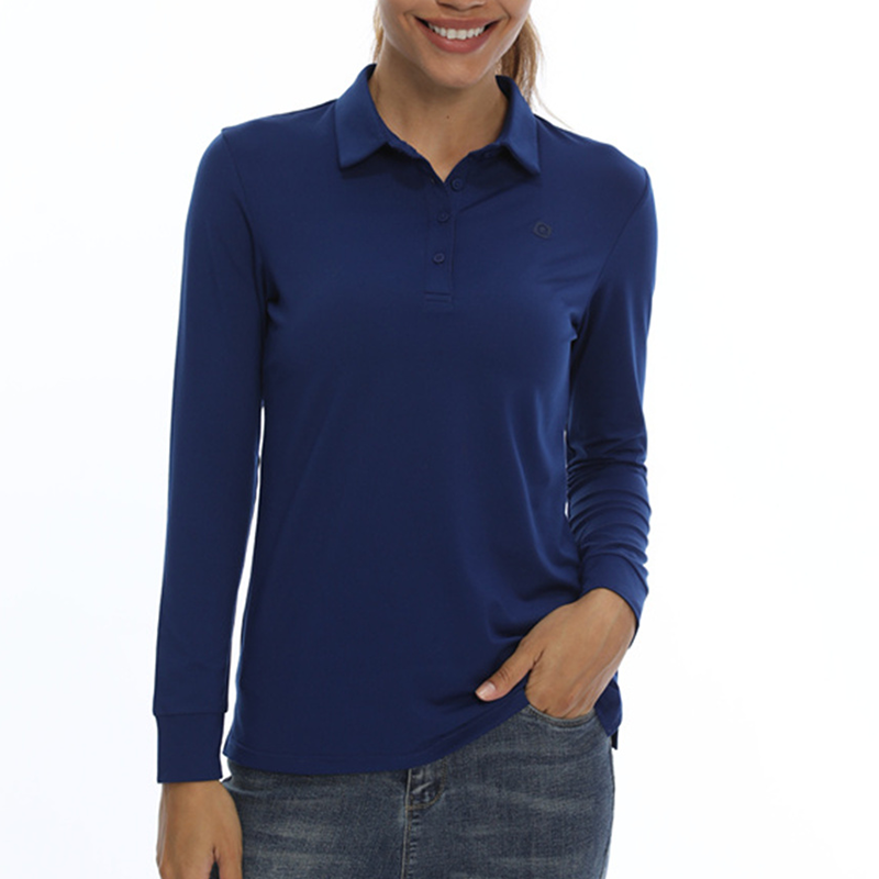Women's long sleeve polo shirt with collar. The shirt is navy and it has four buttons on the front. 